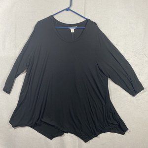 CJ Banks Black Knit Top 3/4 sleeve  Plaid Yoke Split Back Size  3X